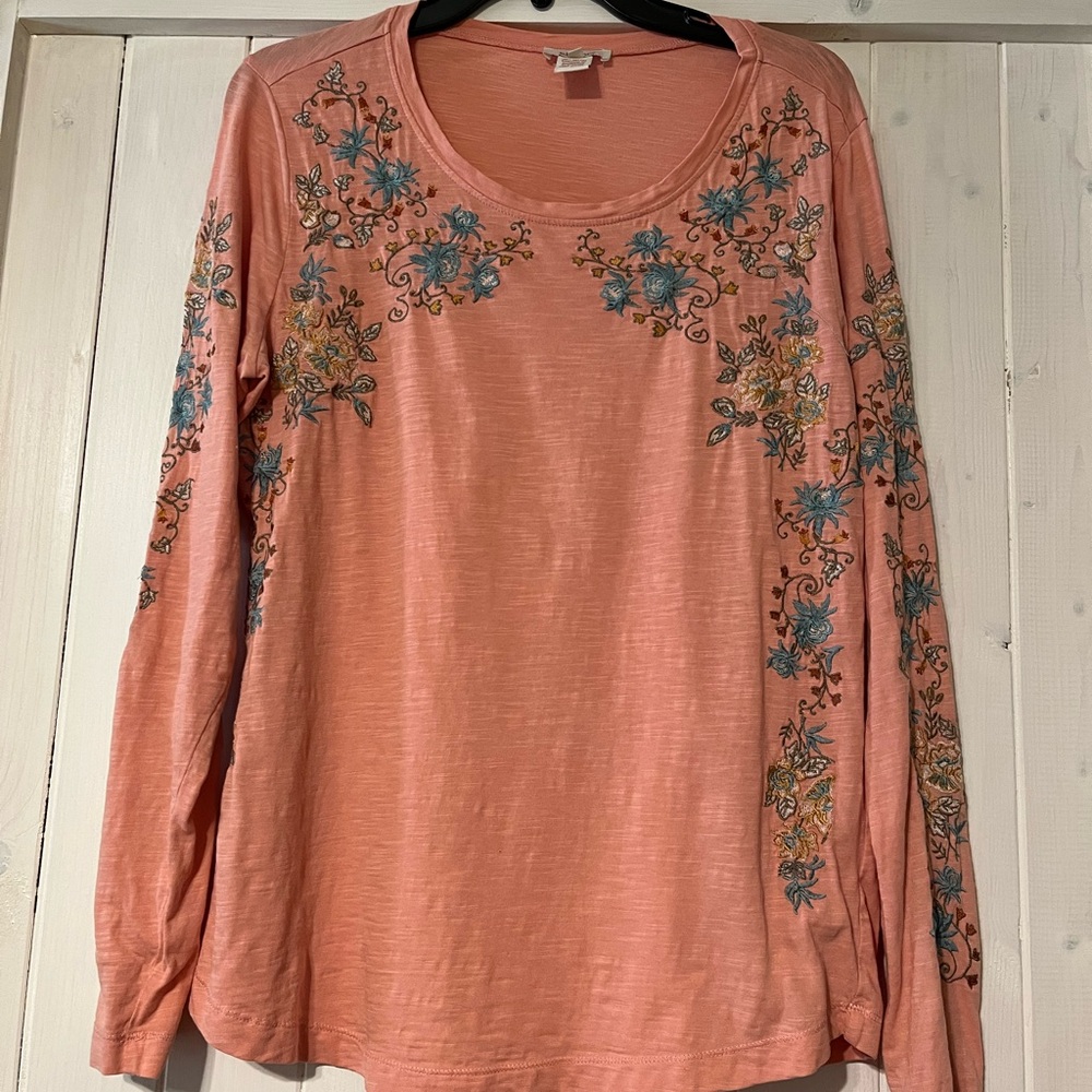 Sundance Apricot Peach Embroidered Long Sleeve Tee T-shirt - Large